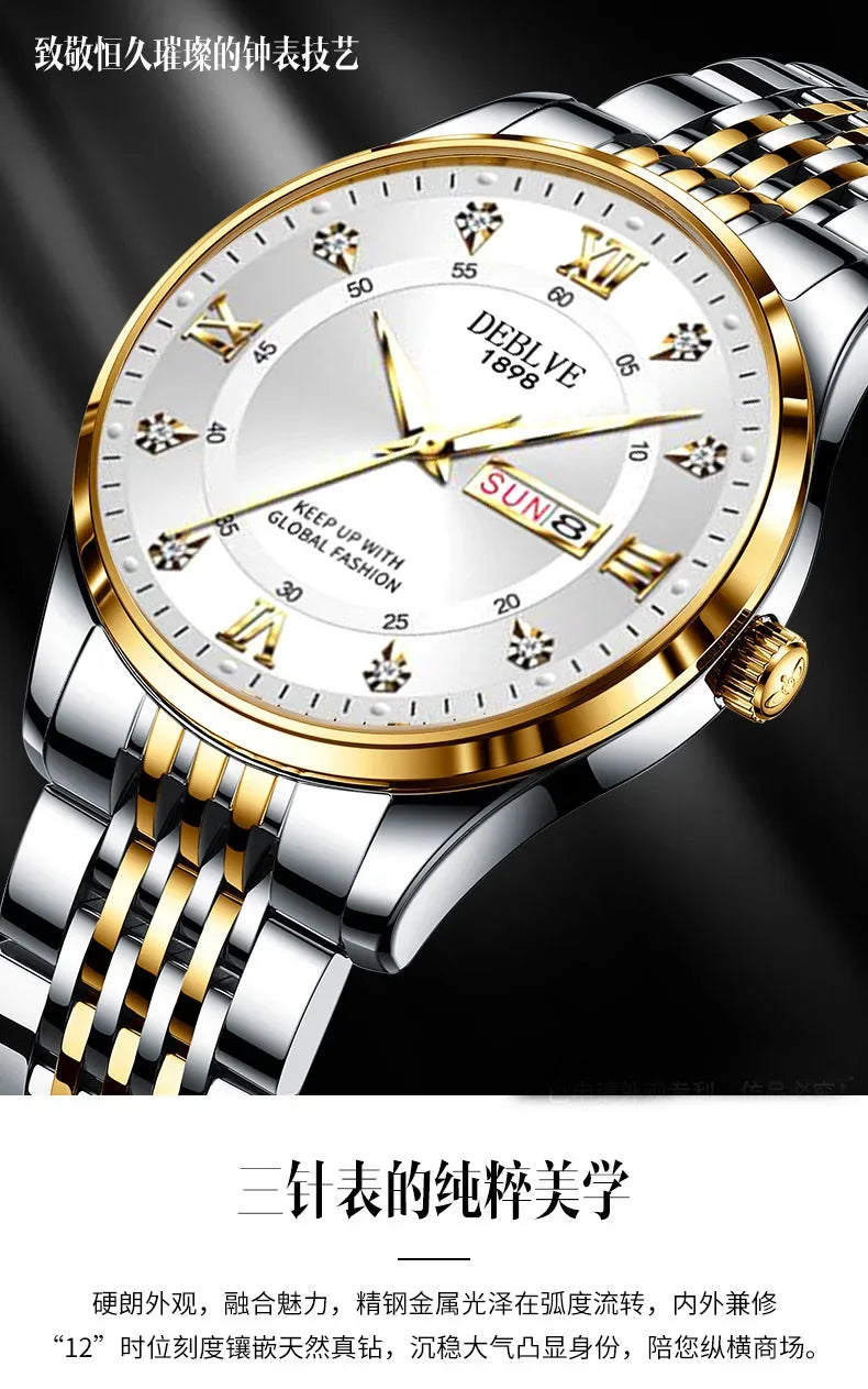 Luxury Men Watch Stainless Steel Top Quailty Push Button Hidden Clasp Waterproof Luminous Date Week Sport Wrist Watches